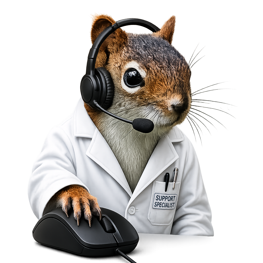 Cress IT squirrel mascot in a lab coat wearing a headset and using a mouse
